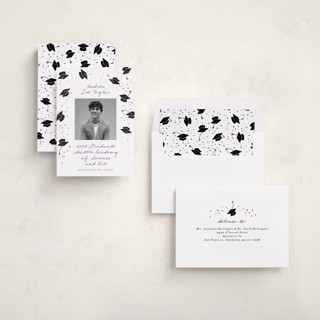 This is a plum graduation announcements with foil pressed by Alethea and Ruth called hat fling printing on recycled smooth signature in standard