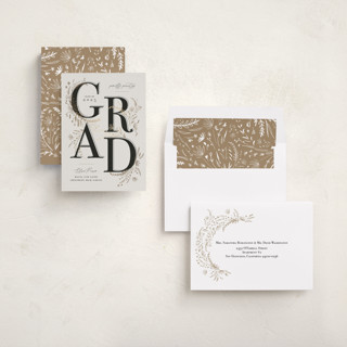 This is a ecru graduation announcements with foil pressed by Corie Page called floral flourish printing on signature in standard