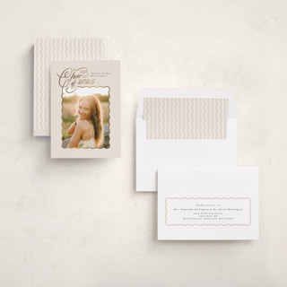 This is a vanilla graduation announcements with foil pressed by Phrosné Barwood called gilded wave frame printing on recycled smooth signature in standard