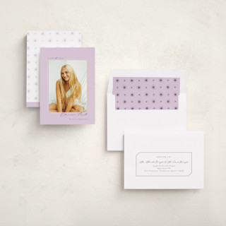 This is a lilac graduation announcements with foil pressed by Emily Betts called simply sweet frame printing on recycled smooth signature in standard