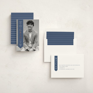 This is a denim graduation announcements with foil pressed by Lauren Chism called classic sash printing on recycled smooth signature in standard
