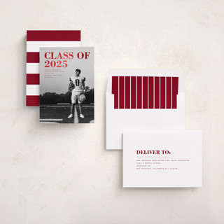 This is a crimson graduation announcements with foil pressed by Emily Sabol Goss called bold headline printing on recycled smooth signature in standard