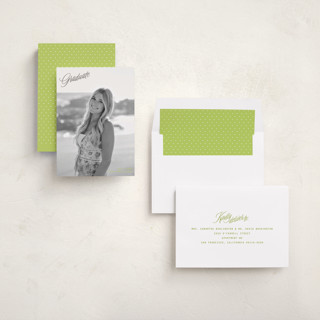 This is a lime graduation announcements with foil pressed by JoAnn Jinks called grad vintage printing on recycled smooth signature in standard