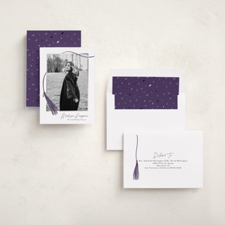 This is a plum graduation announcements with foil pressed by Kamala Nahas called tassel wrapped printing on recycled smooth signature in standard