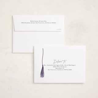This is a plum graduation announcements with foil pressed by Kamala Nahas called tassel wrapped printing on recycled smooth signature in standard