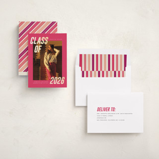 This is a magenta graduation announcements with foil pressed by Emily Sabol Goss called italic shimmer printing on recycled smooth signature in standard