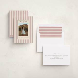 This is a blush graduation announcements with foil pressed by Ani Somi called grad stripes printing on recycled smooth signature in standard