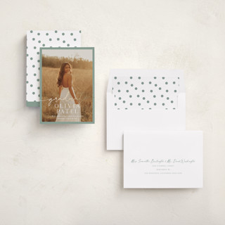 This is a sage graduation announcements with foil pressed by Sarah Curry called graduate script printing on recycled smooth signature in standard