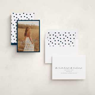 This is a navy graduation announcements with foil pressed by Sarah Curry called graduate script printing on recycled smooth signature in standard