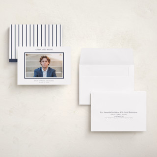 This is a navy graduation announcements with standard by Jennifer Wick called collegiate line printing on recycled smooth signature in grand