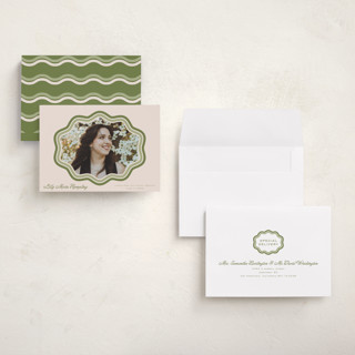 This is a matcha graduation announcements with standard by Melanie Kosuge called scalloped printing on recycled smooth signature in grand