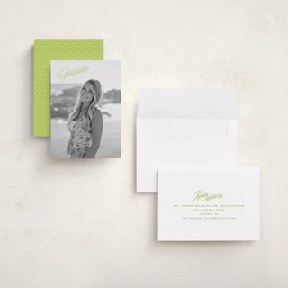 This is a lime graduation announcements with standard by JoAnn Jinks called neon vintage printing on recycled smooth signature in grand