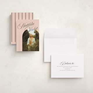 This is a peach graduation announcements with standard by Morgan Kendall called modern curves printing on recycled smooth signature in grand
