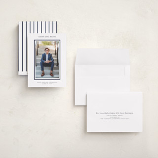 This is a navy graduation announcements with standard by Jennifer Wick called collegiate line printing on recycled smooth signature in grand