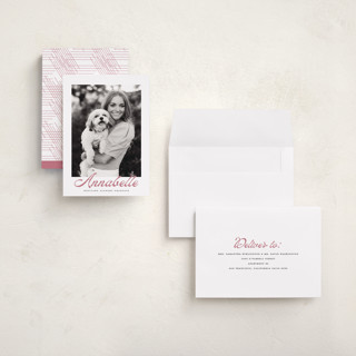 This is a blush graduation announcements with standard by Maja Cunningham called vintage script printing on recycled smooth signature in grand