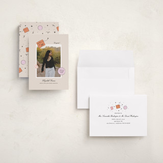 This is a apricot graduation announcements with standard by Ashley Iwafuchi called grad vibes printing on recycled smooth signature in grand
