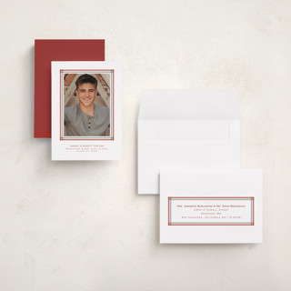 This is a scarlet graduation announcements with standard by Lea Delaveris called woven frame printing on recycled smooth signature in grand
