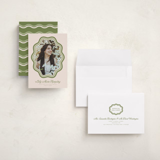 This is a matcha graduation announcements with standard by Melanie Kosuge called scalloped printing on recycled smooth signature in grand