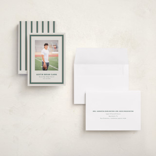 This is a evergreen graduation announcements with standard by Angela Garrick called varsity frame printing on recycled smooth signature in grand