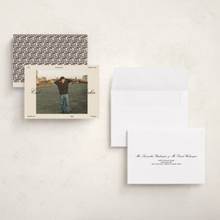 This is a sand graduation announcements with standard by Rachel Cassel called perfectly scripted printing on recycled smooth signature in grand