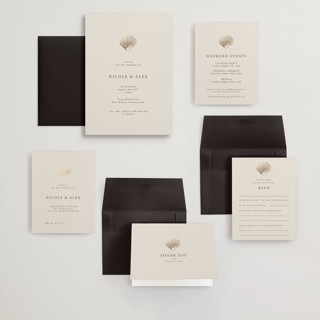 This is a sand wedding invitations with foil pressed by Hannah Bowman called simple seashell printing on signature in grand