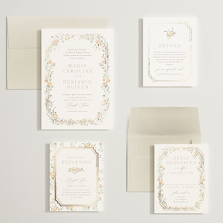 This is a golden summer wedding invitations with foil pressed by Erin L. Wilson called victorian trellis printing on signature in grand
