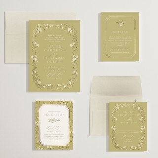 This is a chartreuse wedding invitations with foil pressed by Erin L. Wilson called victorian trellis printing on signature in grand