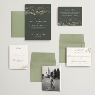 This is a hunter wedding invitations with foil pressed by Sarah Brown called peaks printing on signature in grand