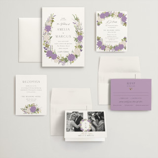 This is a lilac wedding invitations with foil pressed by Susan Moyal called garden whisper printing on signature in grand