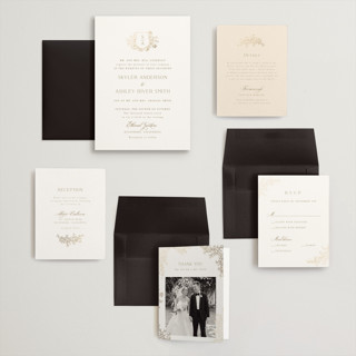 This is a champagne wedding invitations with foil pressed by Cass Loh called floral crest printing on signature in grand
