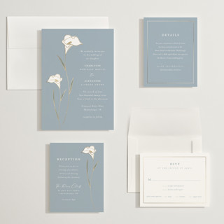 This is a dusty blue wedding invitations with foil pressed by Stacey Meacham called elegant lillies printing on signature in grand