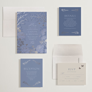 This is a evening periwinkle wedding invitations with foil pressed by Grae called dancing in the garden printing on signature in grand