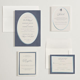 This is a navy wedding invitations with foil pressed by Emily Betts called vintage oval printing on signature in grand