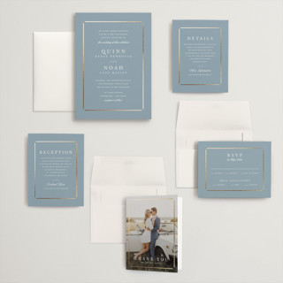 This is a dusty blue wedding invitations with foil pressed by Stacey Meacham called elegant bevel printing on signature in grand