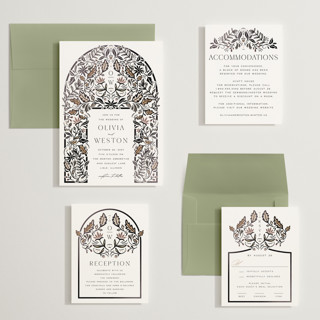 This is a charcoal wedding invitations with foil pressed by Erin German called autumnal arch printing on signature in grand