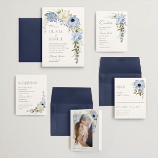 This is a azure wedding invitations with foil pressed by Susan Moyal called timeless blooms printing on signature in grand