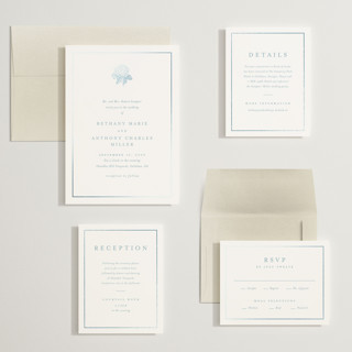 This is a seaside wedding invitations with foil pressed by Stacey Meacham called hydrangea bloom printing on signature in grand