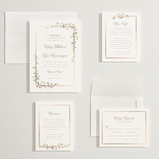 This is a lilac wedding invitations with foil pressed by Everett Paper Goods called flowering vine printing on signature in grand