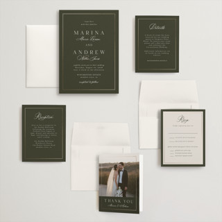 This is a deep olive wedding invitations with foil pressed by Nicole Walsh called refined printing on signature in grand