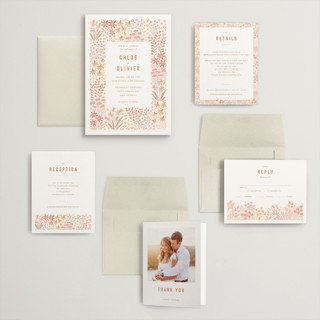 This is a peach wedding invitations with standard by Pippa Shaw called floral border printing on signature in grand
