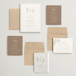 This is a taupe wedding invitations with standard by Chris Griffith called monogrammed printing on signature in grand