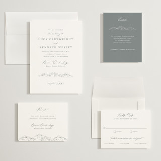 This is a pewter wedding invitations with standard by Sarah Brown called mountainview printing on signature in grand