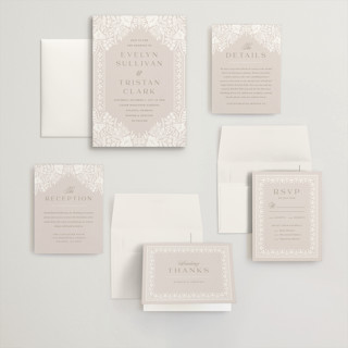 This is a cream wedding invitations with standard by Kristen Smith called lace trim printing on signature in grand