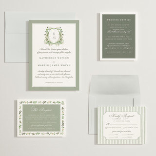 This is a sage wedding invitations with standard by Sarah Knight called greenery crest printing on signature in grand