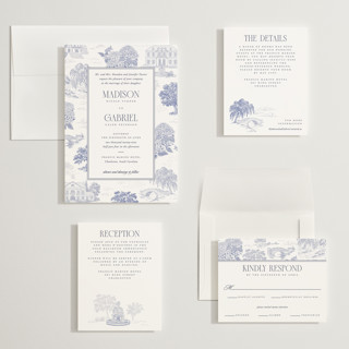 This is a periwinkle wedding invitations with standard by Jenna Holcomb called southern charm toile printing on signature in grand