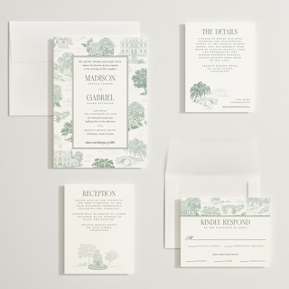 This is a ivy wedding invitations with standard by Jenna Holcomb called southern charm toile printing on signature in grand