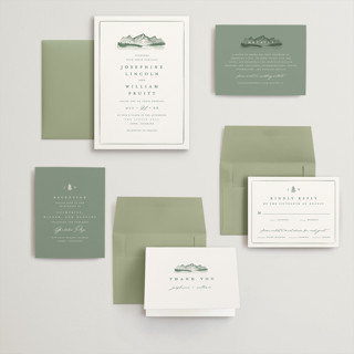 This is a pine wedding invitations with standard by Amy Kross called mountain ridge printing on signature in grand
