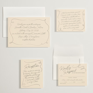 This is a champagne wedding invitations with standard by Wallace Design Co. called french whimsy script printing on signature in grand