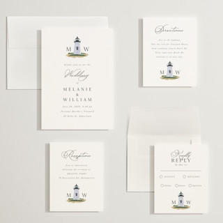 This is a snow wedding invitations with standard by Becky Nimoy called east coast lighthouse printing on signature in grand