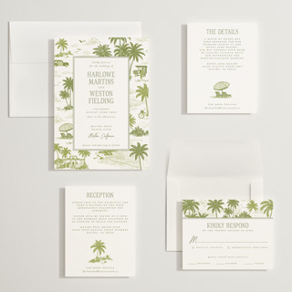 This is a palm wedding invitations with standard by Jenna Holcomb called beachtoile printing on signature in grand